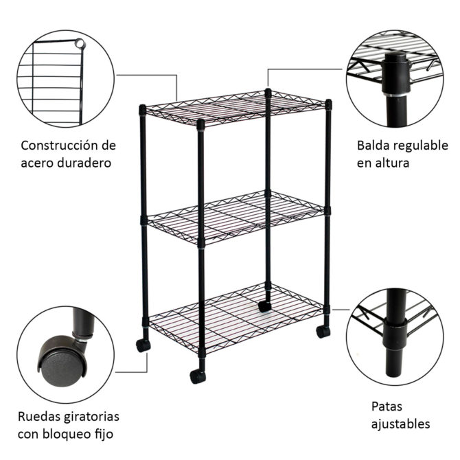 Estantería Metálica con Rejilla CATTERHOUSE Klaus 80 - 56x35x80 cm Estantería de Almacenaje Color Negro con Ruedas y 3 Baldas Soporta hasta 105 kg - Imagen 3