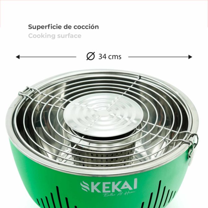 Barbacoa de Carbón Portátil de Sobremesa Kekai Crater 35x35x25 cm Cuenco Recoge Grasas con Ventilador Regulable Sin Humos Verde - Imagen 3