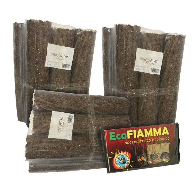 Pack de Briquetas 30 Kg y Paquete de 24 pastillas de Encendido Ecológico Kekai Chimeneas, Estufas y Cocinas Leña Sin Aditivos