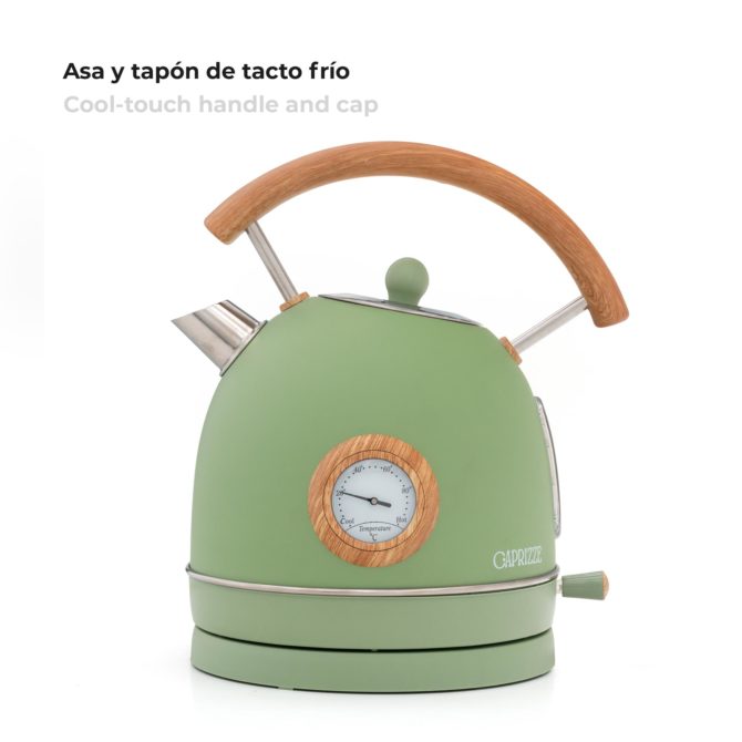 Hervidor de Agua Caprizze Nara 2200 W de Acero Inoxidable con Termómetro Integrado Capacidad 1.8 L Verde Mate y Efecto Madera - Imagen 3