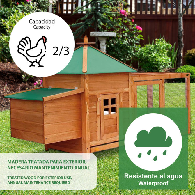 Gallinero de Madera y Metal Galvanizado Gardiun Indiana 73x196x99 cm para 2 Gallinas con Rampa y Dos Perchas Tejado a 4 Aguas - Imagen 5