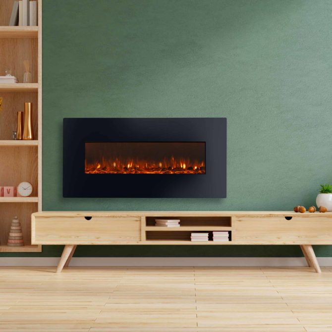 Chimenea Eléctrica de Pared 1600W Kekai Kentucky 128x26x61 cm con Simulación de Fuego Negra Mando Incluido Interior - Imagen 2