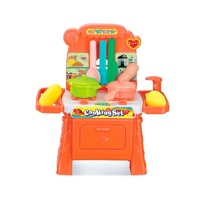 Cocina de Juguete 2 en 1 Carrito de la Compra y Grifo Robincool Coocking Set 29x13x31 cm 11 Accesorios Incluidos Color Naranja