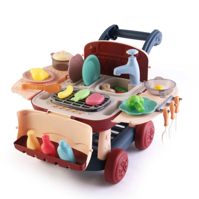 Cocina de Juguete 2 en 1 con Circuito de Agua Robincool Kitchen Cart 39x23x27 cm Carrito de compra, Luces con 14 Accesorios