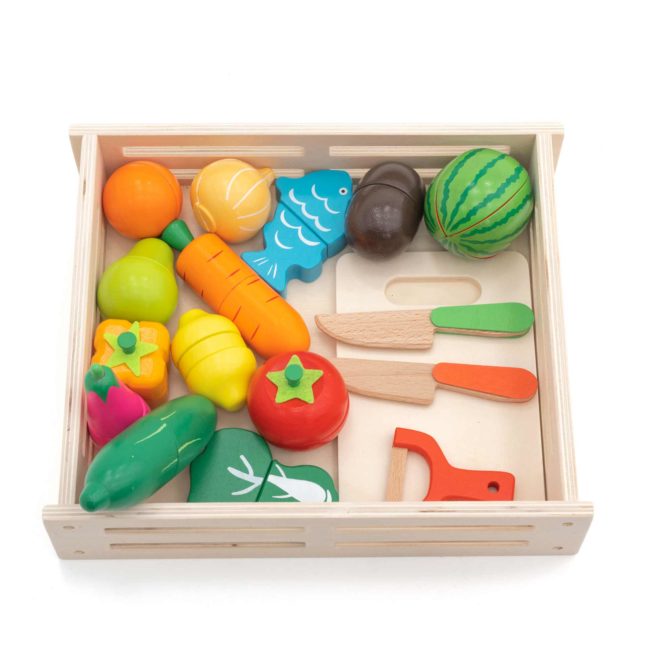 Bandeja de Comida de Juguete Montessori Robincool Eco Fruit Fabricado con Madera Ecológica Vegetales Imantados y 17 Accesorios Incluidos