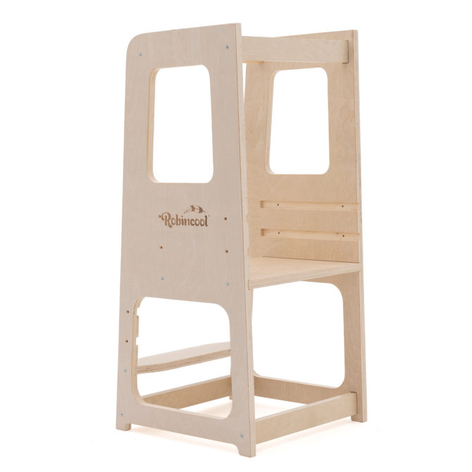 Torre de Aprendizaje Montessori Robincool Evolutive 40x44x90 cm de Madera Eco con Altura Regulable y Barra de Seguridad