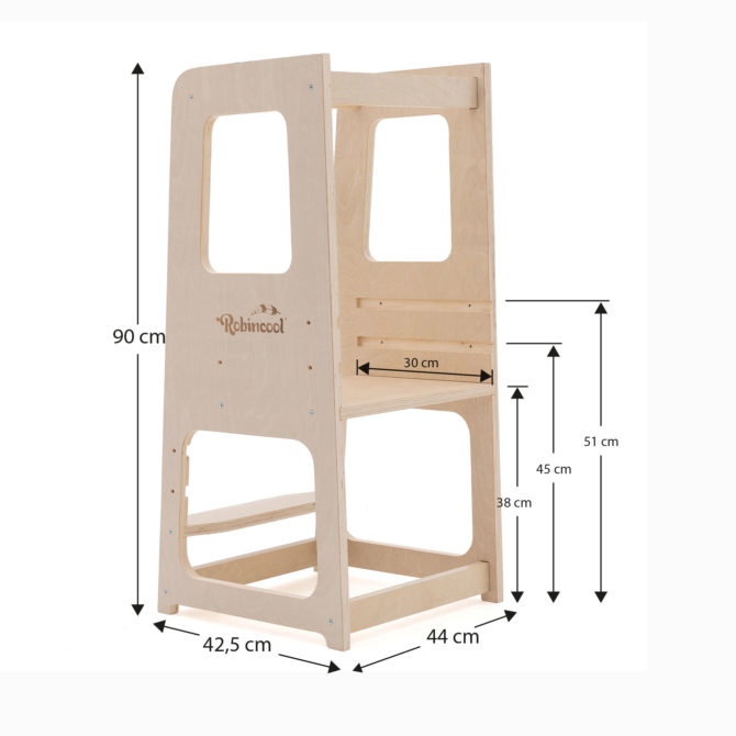 Torre de Aprendizaje Montessori Robincool Evolutive 40x44x90 cm de Madera Eco con Altura Regulable y Barra de Seguridad - Imagen 4