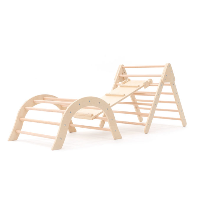 Gimnasio de Bebé Montessori Método Pikler Robincool Climb 66x84,5x73,2 cm de Madera Ecológica con Arco de Escalada y Tobogán