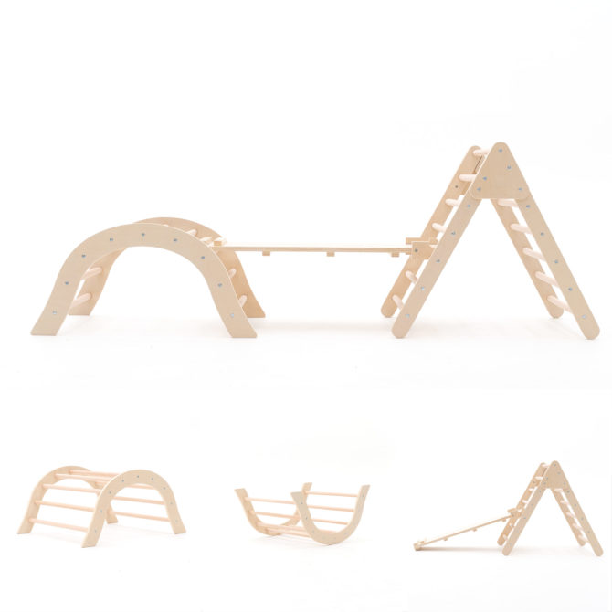 Gimnasio de Bebé Montessori Método Pikler Robincool Climb 66x84,5x73,2 cm de Madera Ecológica con Arco de Escalada y Tobogán - Imagen 3