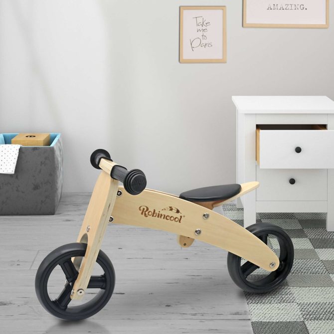 Bicicleta Sin Pedales Montessori Robincool Fast Wheels 63x32x36 cm Transformable en Triciclo de Madera Eco Color Natural y Negro - Imagen 2