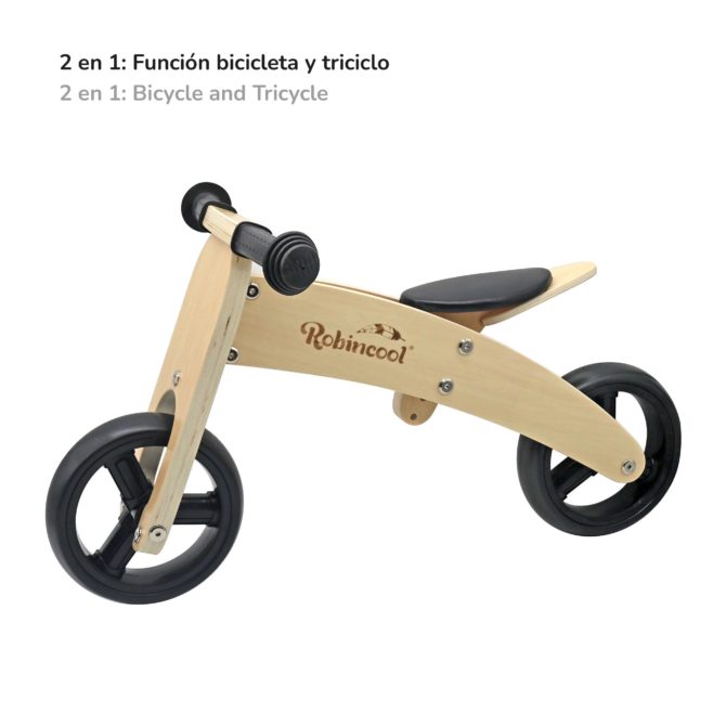 Bicicleta Sin Pedales Montessori Robincool Fast Wheels 63x32x36 cm Transformable en Triciclo de Madera Eco Color Natural y Negro - Imagen 5