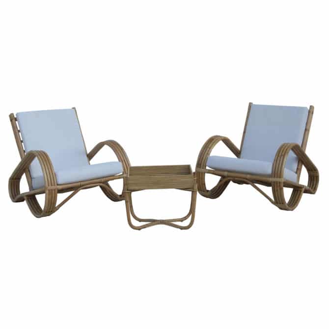 Conjunto de Butacas Sillones en Ratán Natural y Mesa de Centro para Jardín Terraza Chillvert Parma 68x83x68 cm con Cojines Blancos