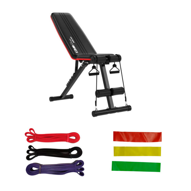 Pack Banco de Musculación Keboo Fitness Serie 500 129,5x45x118 cm y 6 Bandas Elásticas para Diferentes Niveles de Entrenamiento