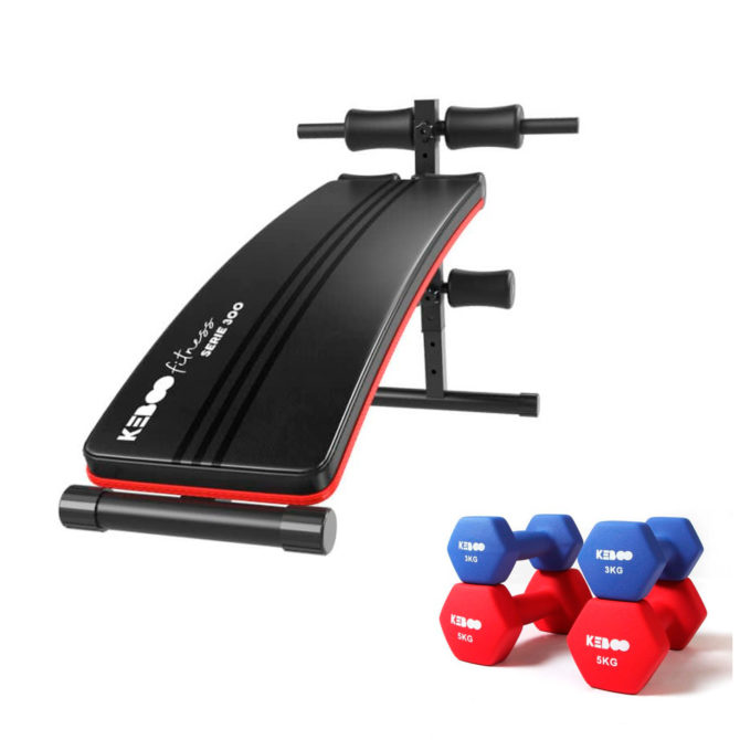 Pack Banco de Musculación Keboo Fitness Serie 300 145x47x70 cm y 4 Mancuernas para Diferentes Niveles de Entrenamiento