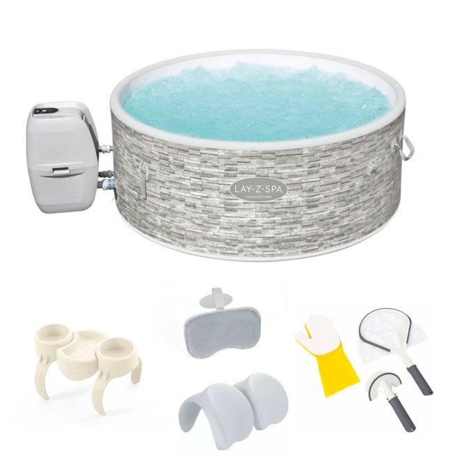 Pack Spa Redondo Bestway 155x60 cm para 3-5 Personas con depuradora Más 4 Almohadas 2 Portabebidas y Kit de Limpieza Incluido