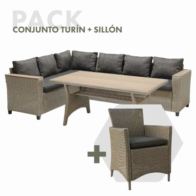 Conjunto de Jardín Mesa de Comedor Chillvert Turín de Acero y Ratan Sintético Sofá Rinconera Sillón con Cojinería Color Gris