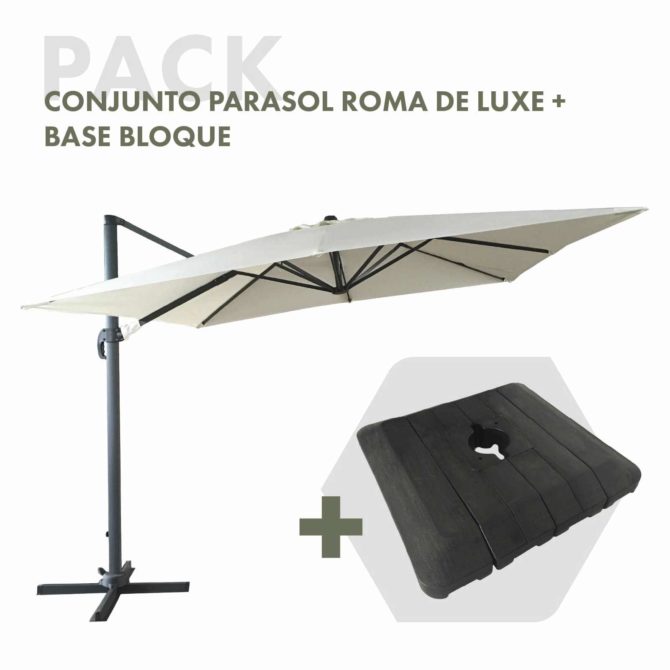 Conjunto Parasol Chillvert Roma de Luxe 300x400x280 cm de Alumunio Color Beige + Base Parasol 97,5x98x18,5 cm de Resina