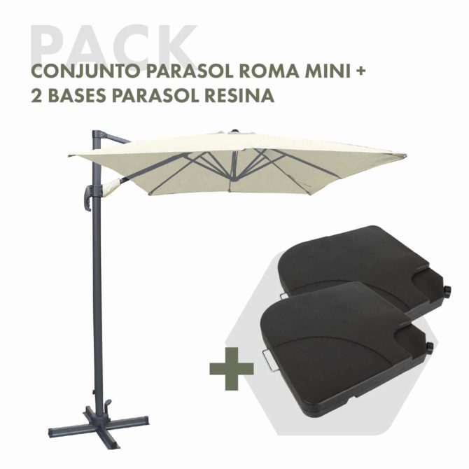 Conjunto Parasol Chillvert Roma Mini 300x200x260 cm de Aluminio Color Beige + 2 Bases Parasol 50x50x6 cm de Resina