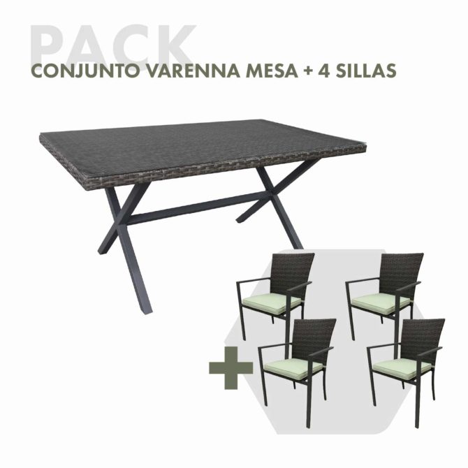 Conjunto de Jardín Mesa con Cristal Chillvert Varenna de Acero y Ratán Sintético y 4 Sillas de Jardín Apilables con Cojín