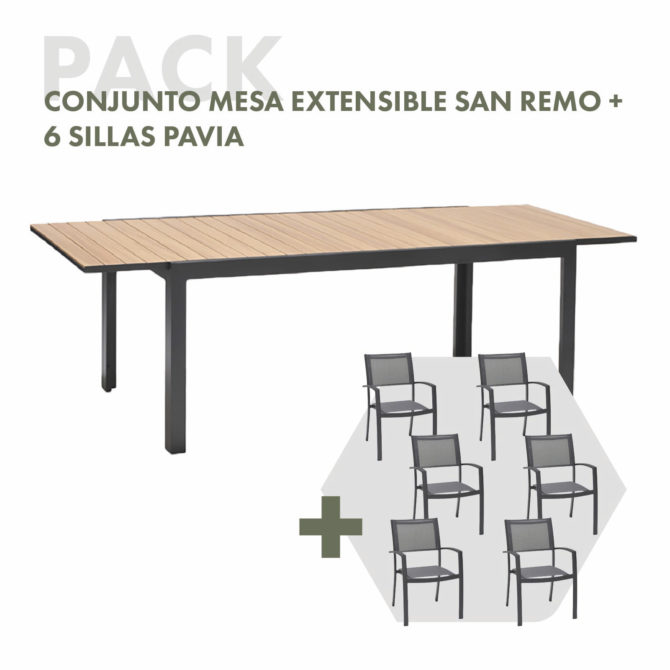 Conjunto de Jardín Mesa Extensible Chillvert San Remo de Aluminio y 6 Sillas de Exterior Apilables Color Natural y Gris