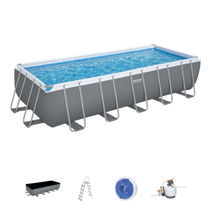 Piscina Tubular Rectangular Bestway Power Steel 640x274x132 cm Depuradora de Arena Escalera, Cobertor y Dispensador Color Gris