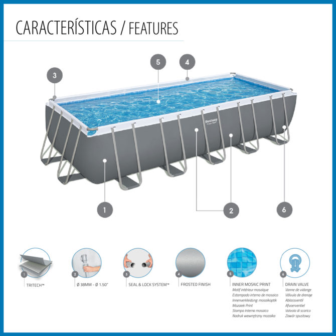 Piscina Tubular Rectangular Bestway Power Steel 640x274x132 cm Depuradora de Arena Escalera, Cobertor y Dispensador Color Gris - Imagen 3