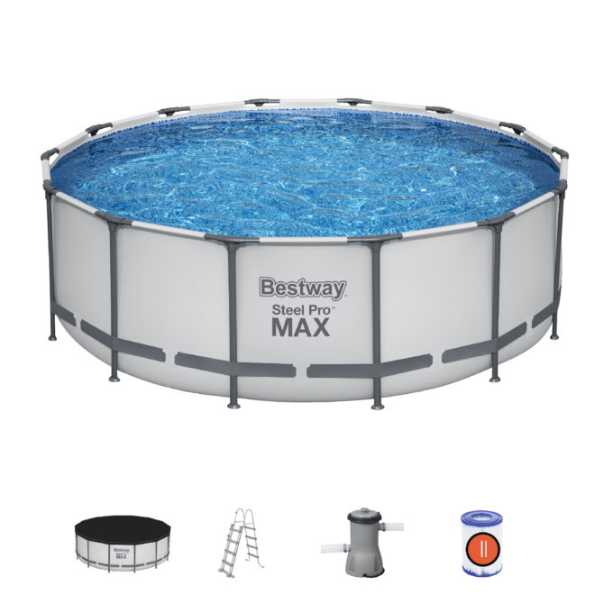 Piscina Tubular Redonda Bestway Steel Pro Max 427x122 cm con Depuradora de Cartucho de 3.028 l/h Cobertor y Escalera Azul