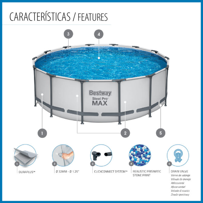 Piscina Tubular Redonda Bestway Steel Pro Max 427x122 cm con Depuradora de Cartucho de 3.028 l/h Cobertor y Escalera Azul - Imagen 3