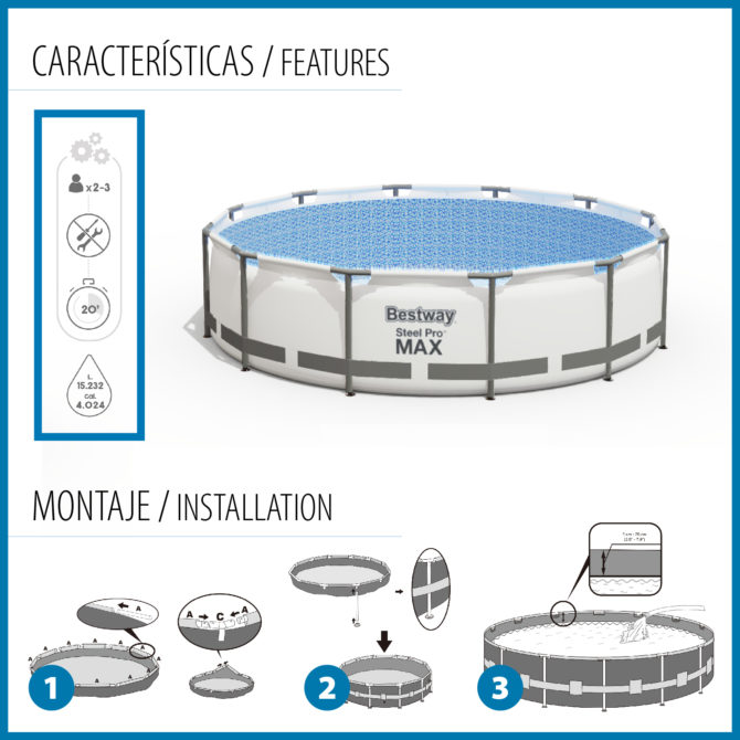 Piscina Tubular Redonda Bestway Steel Pro Max 427x122 cm con Depuradora de Cartucho de 3.028 l/h Cobertor y Escalera Azul - Imagen 5