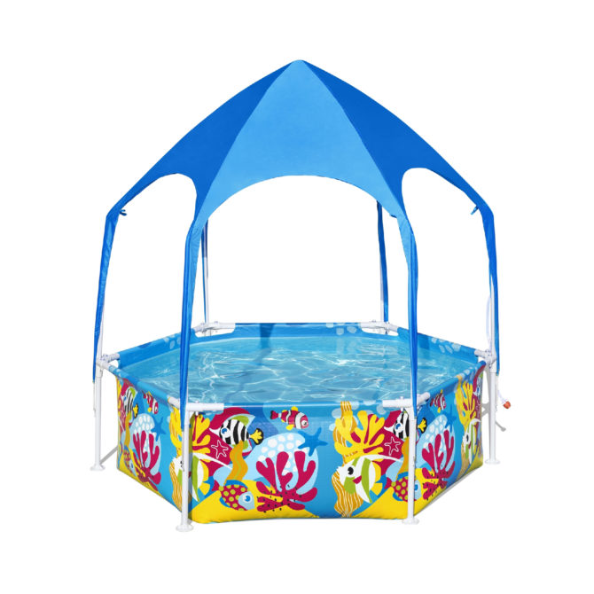 Piscina Desmontable Infantil Bestway Splash in Shade 183x51 cm Toldo con Protección Solar FPU 40+ Color Azul Diseño Fondo Marino