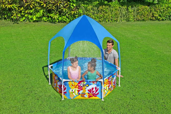 Piscina Desmontable Infantil Bestway Splash in Shade 183x51 cm Toldo con Protección Solar FPU 40+ Color Azul Diseño Fondo Marino - Imagen 2