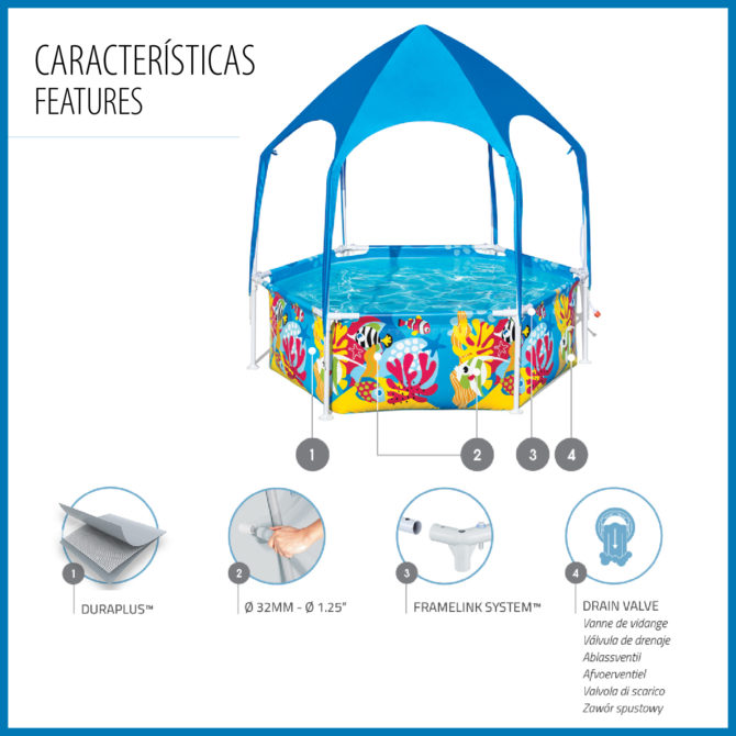 Piscina Desmontable Infantil Bestway Splash in Shade 183x51 cm Toldo con Protección Solar FPU 40+ Color Azul Diseño Fondo Marino - Imagen 3