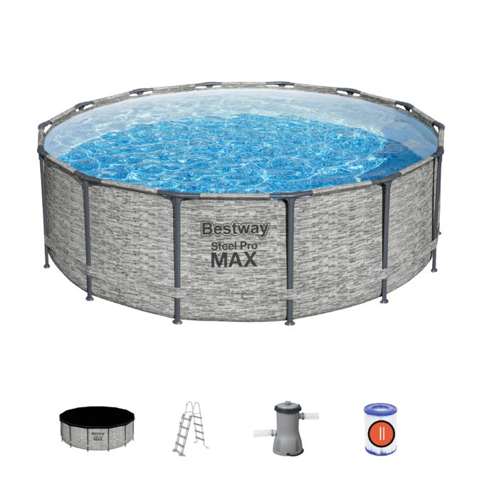 Piscina Tubular Redonda Bestway Steel Pro Max 427x122 cm con Depuradora de Cartucho Cobertor y Escalera Diseño Piedra