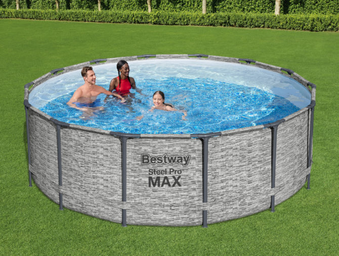 Piscina Tubular Redonda Bestway Steel Pro Max 427x122 cm con Depuradora de Cartucho Cobertor y Escalera Diseño Piedra - Imagen 2