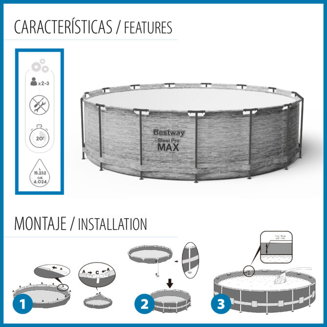 Piscina Tubular Redonda Bestway Steel Pro Max 427x122 cm con Depuradora de Cartucho Cobertor y Escalera Diseño Piedra - Imagen 5