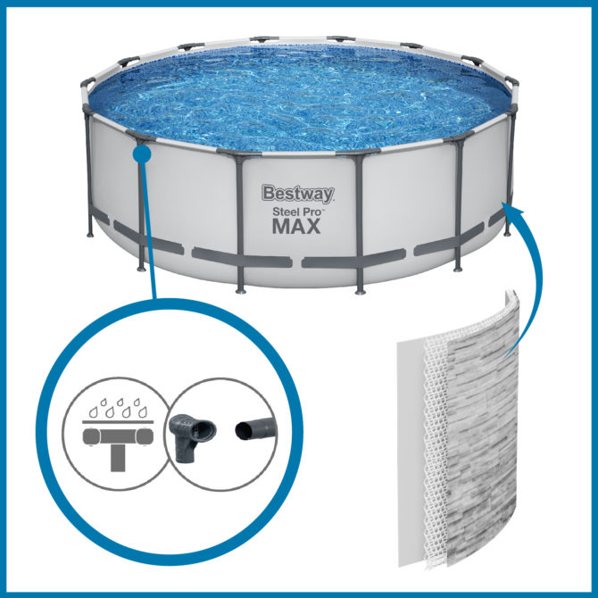 Piscina Tubular Redonda Bestway Steel Pro Max 427x122 cm con Depuradora de Cartucho Cobertor y Escalera Diseño Piedra - Imagen 7