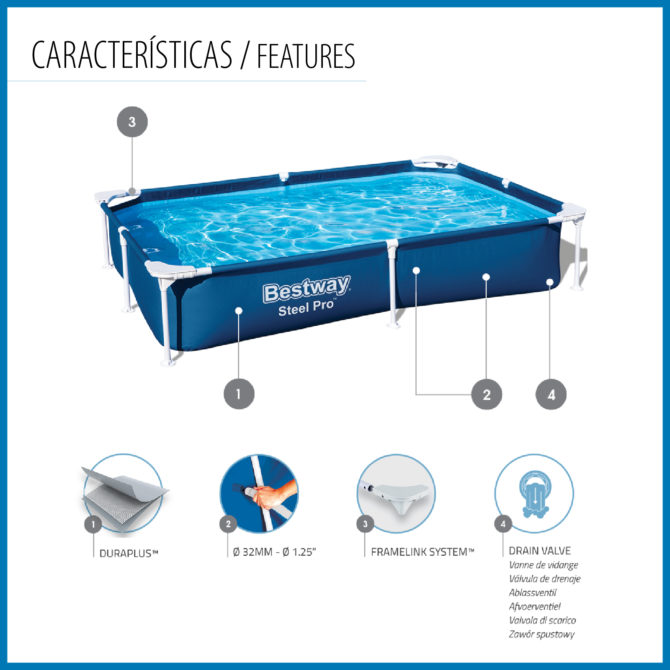 Piscina Desmontable Rectangular Bestway Steel Pro 221x150x43 cm Capacidad para 1.200 Litros Color Azul - Imagen 3