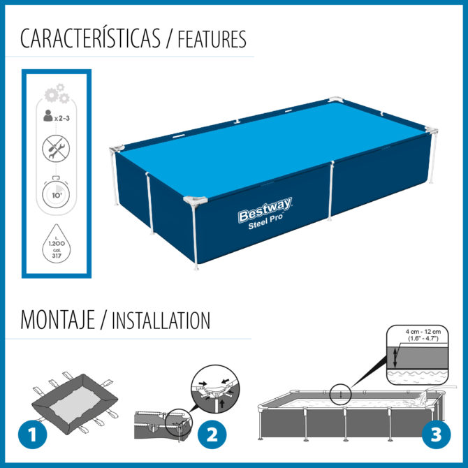 Piscina Desmontable Rectangular Bestway Steel Pro 221x150x43 cm Capacidad para 1.200 Litros Color Azul - Imagen 5