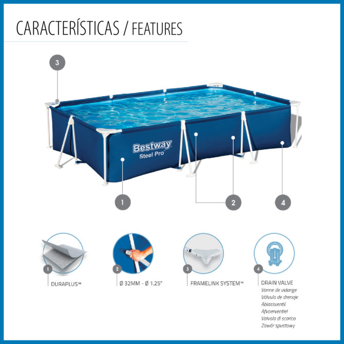 Piscina Desmontable Rectangular Bestway Steel Pro 300x201x66 cm Capacidad para 3.000 Litros Color Azul - Imagen 3