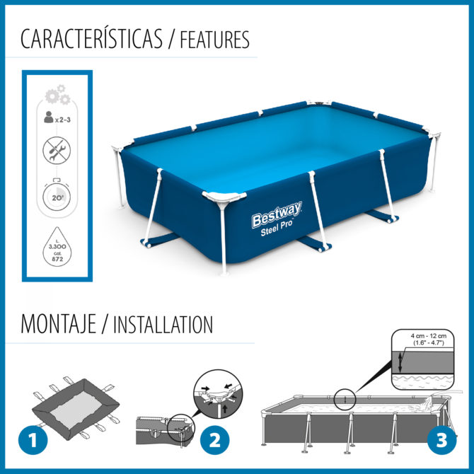 Piscina Desmontable Rectangular Bestway Steel Pro 300x201x66 cm Capacidad para 3.000 Litros Color Azul - Imagen 5