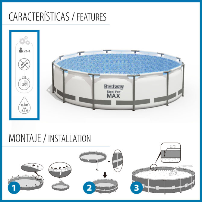 Piscina Tubular Redonda Bestway Steel Pro Max 457x122 cm con Depuradora de Cartucho de 3.028 l/h Cobertor y Escalera Azul - Imagen 5