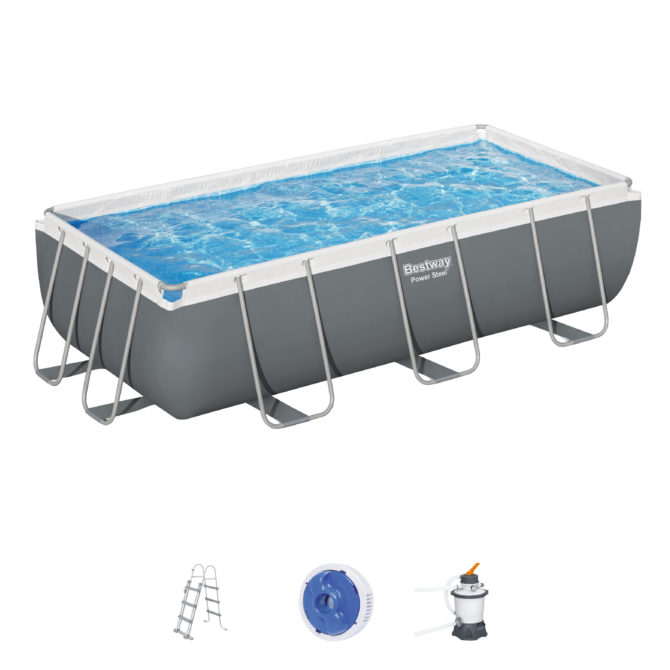 Piscina Tubular Rectangular Bestway Power Steel 404x201x100 cm con Depuradora de Arena Escalera y Dispensador Químico Color Gris