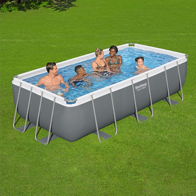 Piscina Tubular Rectangular Bestway Power Steel 404x201x100 cm con Depuradora de Arena Escalera y Dispensador Químico Color Gris - Imagen 2