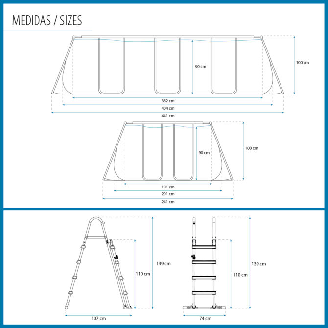 Piscina Tubular Rectangular Bestway Power Steel 404x201x100 cm con Depuradora de Arena Escalera y Dispensador Químico Color Gris - Imagen 4