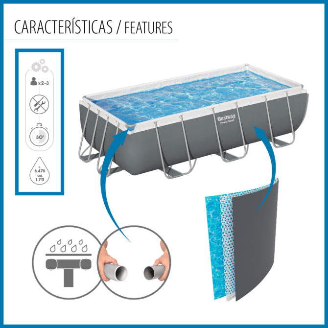 Piscina Tubular Rectangular Bestway Power Steel 404x201x100 cm con Depuradora de Arena Escalera y Dispensador Químico Color Gris - Imagen 5