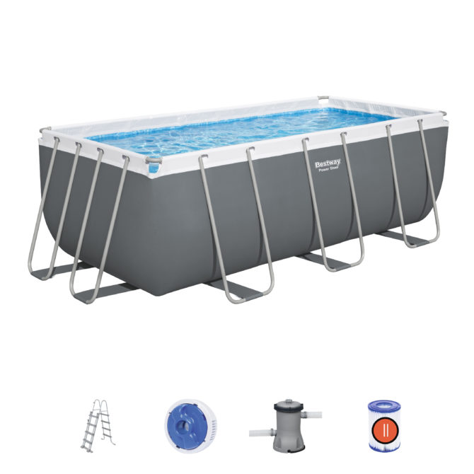 Piscina Tubular Rectangular Bestway Power Steel 412x201x122 cm Depuradora de Cartucho Escalera y Dispensador Químico Color Gris