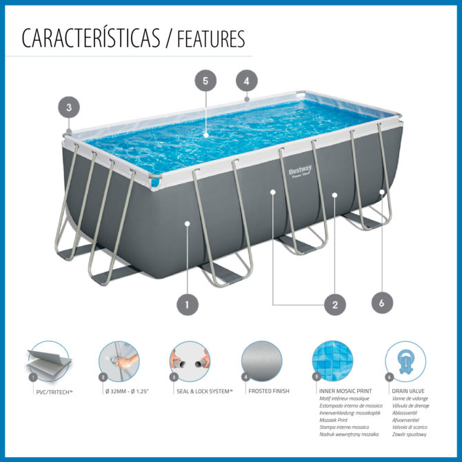 Piscina Tubular Rectangular Bestway Power Steel 412x201x122 cm Depuradora de Cartucho Escalera y Dispensador Químico Color Gris - Imagen 3