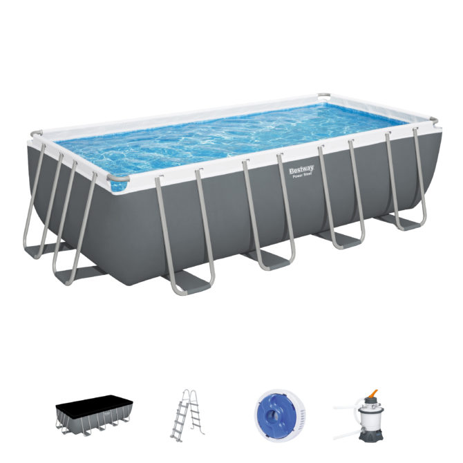 Piscina Tubular Rectangular Bestway Power Steel 488x244x122 cm con Depuradora de Arena Escalera y Dispensador Químico Color Gris