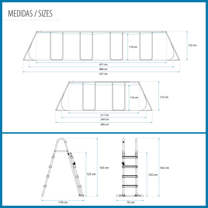 Piscina Tubular Rectangular Bestway Power Steel 488x244x122 cm con Depuradora de Arena Escalera y Dispensador Químico Color Gris - Imagen 4