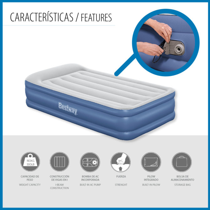 Cama Hinchable Bestway Tritech Individual 191x97x46 cm Soporta hasta 150 Kg Inflado en 3 Minutos con Refuerzo Perimetral - Imagen 7